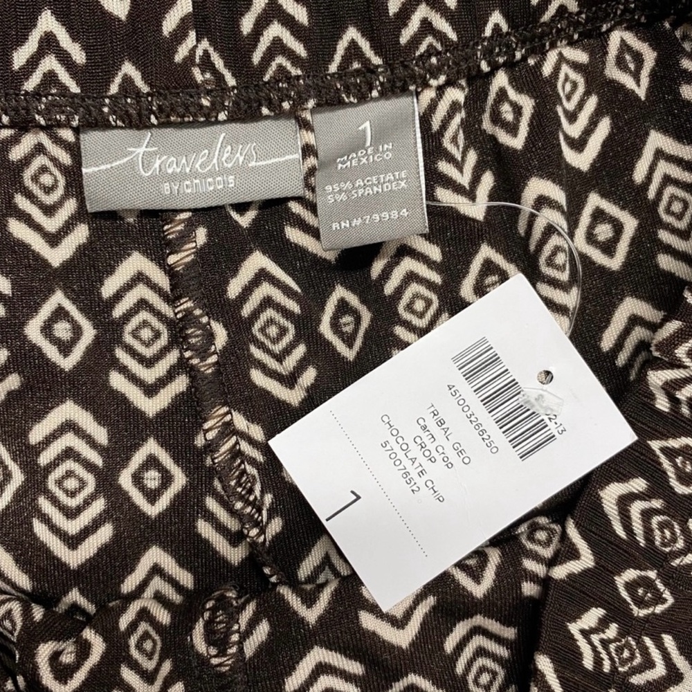 Chicos Travelers Tribal Geo Carm Crop Pants Brown